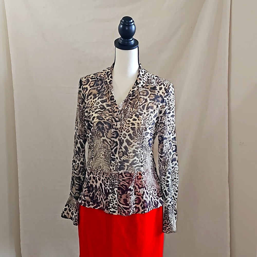 Brown and cream leopard print sheer silk blouse Lafayette 148
